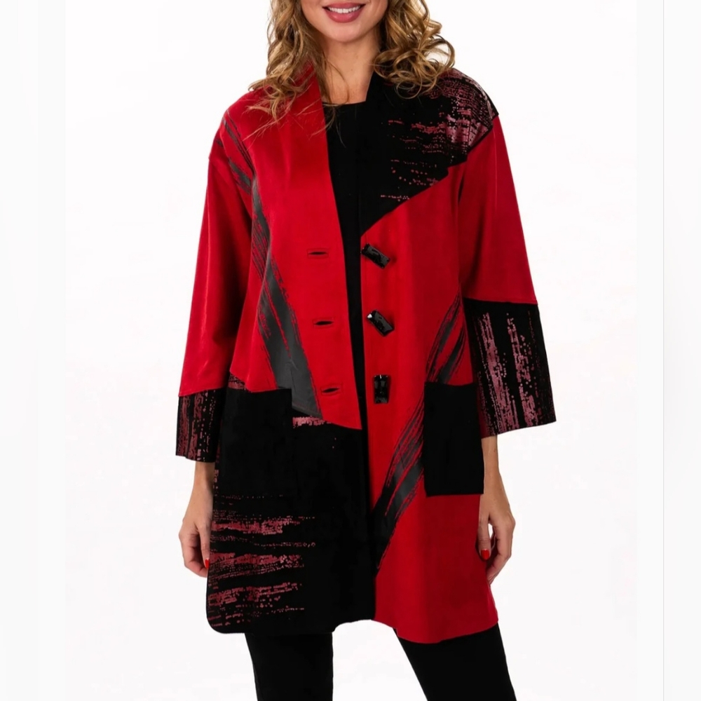 NWT Lemon Grass Women's Red Hand Printed Stand-Up Collar Jacket W/Button Detail - Picture 2 of 6